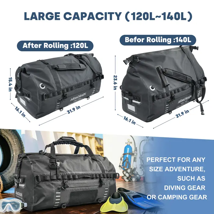 Sac de voyage étanche IPX8 100L 120L grande capacité avec sangle gonflable durable pour les longs trajets