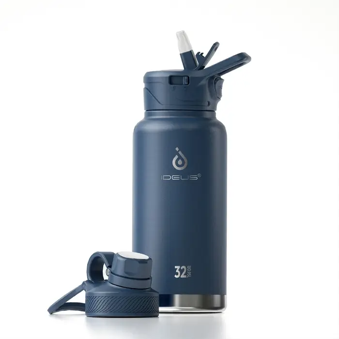 Bouteille d'eau isotherme en acier inoxydable Ideus 40 oz, avec 2 bouchons anti-fuite, bouteille d'eau isotherme pour la randonnée et le cyclisme
