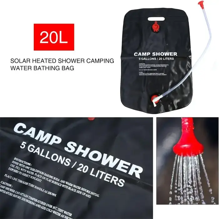 Douche solaire portable 20L pour camping et randonnée – Solution de chauffage d'eau extérieure