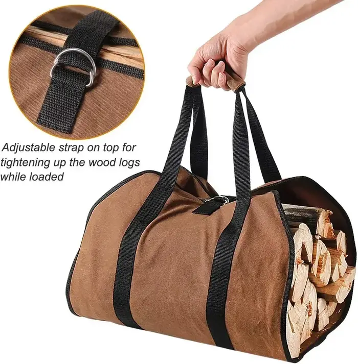 Support de sac à bûches en toile cirée robuste avec poignées pour cheminée à bois de chauffage