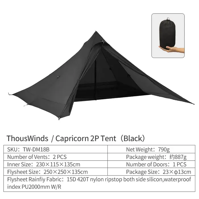Thous Winds – tente de Camping pyramidale pour 1 à 2 personnes, sac à dos de randonnée en plein air