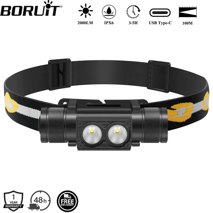 BORUiT D25 double lampe frontale LED 2000LM phare puissant type-c Rechargeable 18650 torche frontale