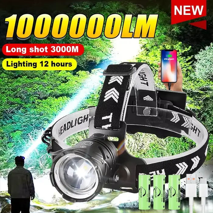 1000000 LM lampe frontale la plus puissante 18650 Rechargeable haute puissance LED