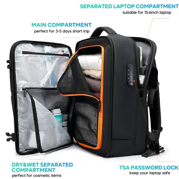 BANGE Hot nouveau sac de cabine antivol séparation humide et sèche sac à dos de voyage pour hommes femmes bagages à main 15.6 pouces sacs à dos d'ordinateur portable