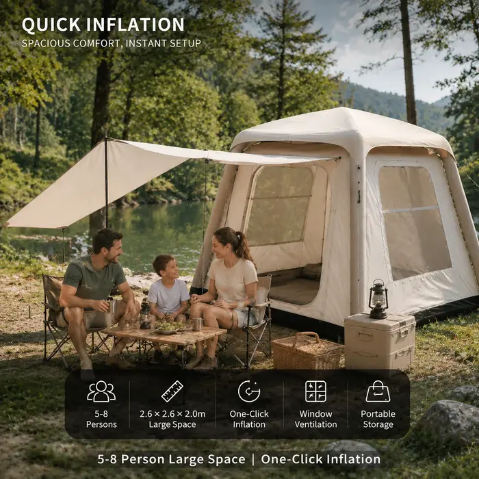 Tente de camping gonflable pour la famille, voyage en plein air, tente à tubes d'air imperméable, tente de glamping portable avec pompe