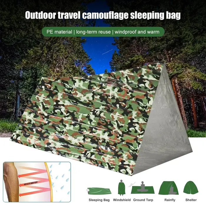 CamSolomon-Sac de couchage d'urgence PE, étanche, portable, survie, camping en plein air, randonnée, aventure, 120x200cm