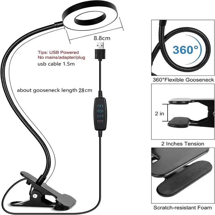 Lampe à pince, 3 couleurs + 10 niveaux de luminosité, lampe de bureau LED avec pince, pour tête de l