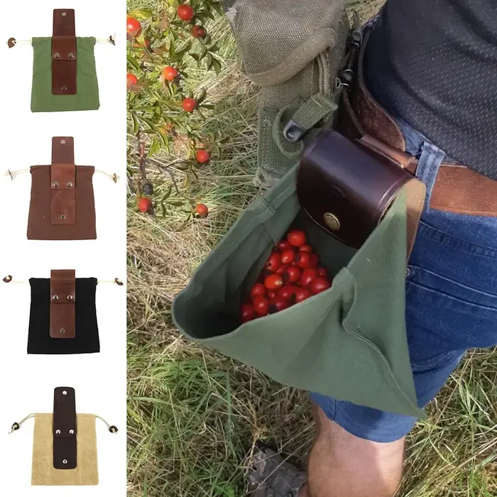 Sac de recherche de nourriture Portable en plein air, pochette de cueillette de fruits pliable, rangement de baies Puch, sac en toile de brousse en cuir, randonnée Camping 1 pièce
