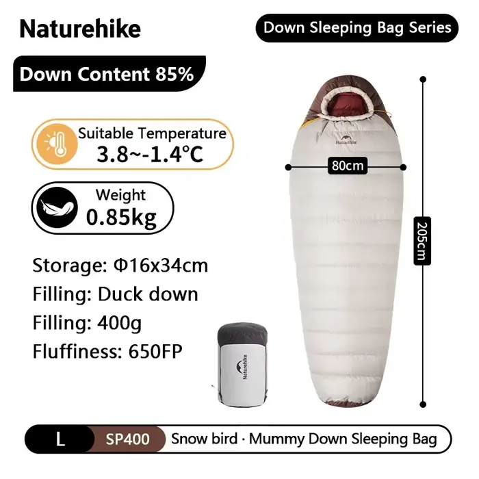 Naturehike Snowbird Duck Down momie sac de couchage 4 saisons léger Portable extérieur professionnel Camping hiver unisexe adulte