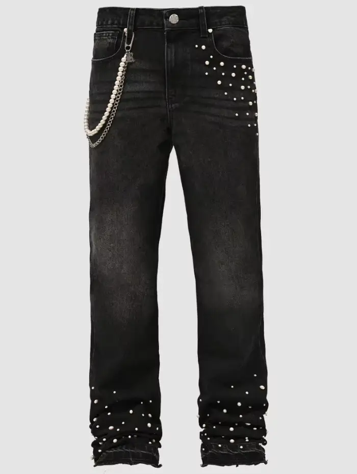Jean empilé de perles rétro américaines pour hommes, pantalon en Denim extensible à jambes droites, 