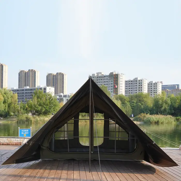 Tente de camping gonflable, tente pneumatique en toile de coton technique de 12,6 m² avec auvent étendu, tente de glamping imperméable et anti-UV