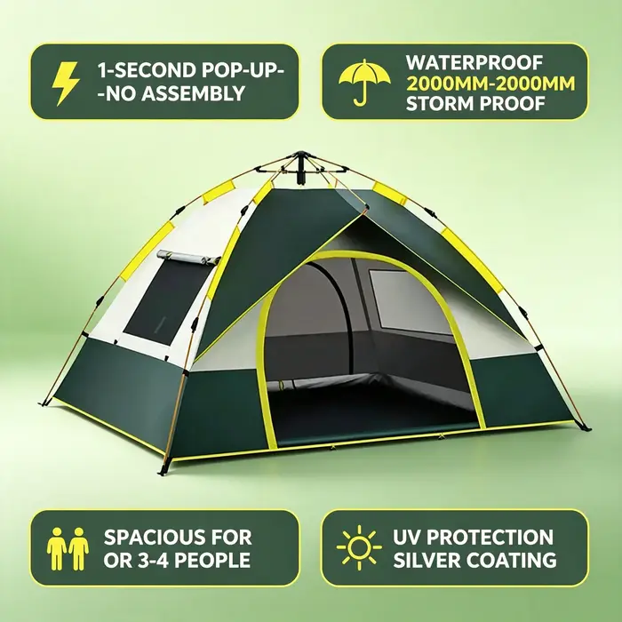 Tente de camping instantanée pour 3-4 personnes, imperméable, protection UV, tente automatique pour la randonnée en plein air
