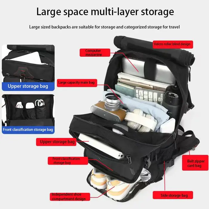 Sac à dos de voyage grande capacité, compartiment à bagages convertible avec compartiment à chaussures indépendant, compartiment pour ordinateur portable de 15,6 pouces