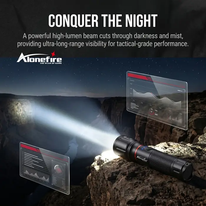 Lampe torche LED Alonefire Zoom Beam Light haute puissance, rechargeable par USB, pour le camping, la randonnée, la chasse, la pêche, l'éclairage extérieur