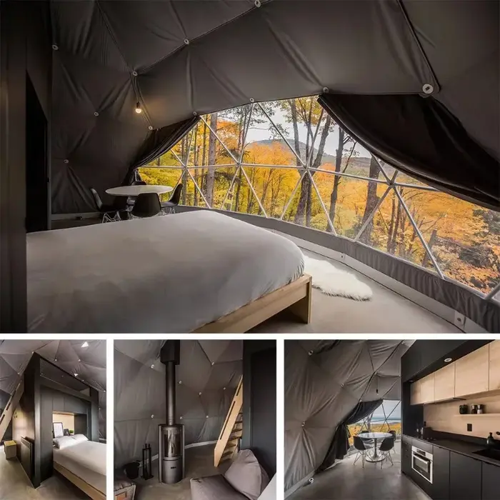 Dôme de glamping géodésique avec porte triangulaire en bois
