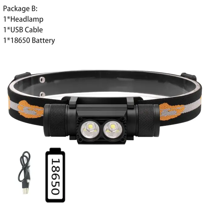 BORUiT D25 double lampe frontale LED 2000LM phare puissant type-c Rechargeable 18650 torche