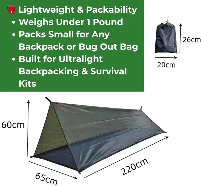 Tente bivouac ultralégère pour 1 personne – Abri en maille anti-insectes avec plancher imperméable p