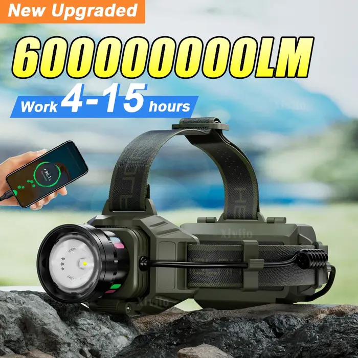 600000000LM lampe frontale Rechargeable phare LED très brillante avec feu arrière tête de pêche torche en alliage d'aluminium lumières extérieures