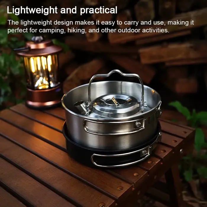 Ensemble d'ustensiles de cuisine de camping, kit de batterie de cuisine de pique-nique en plein air, marmite en acier inoxydable, poêle à frire, ensemble de bouilloire, accessoire de cuisine de voyage
