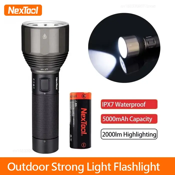 Lampe torche puissante NexTool pour l'extérieur, 2000lm, LED rechargeable, 380m, étanche IPX7, 5 mod