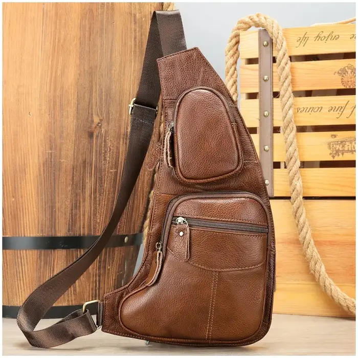 Hommes en cuir véritable fronde bandoulière haute qualité sac de poitrine multi-poches décontracté mâle peau de vache sac à bandoulière sac à dos sac à dos