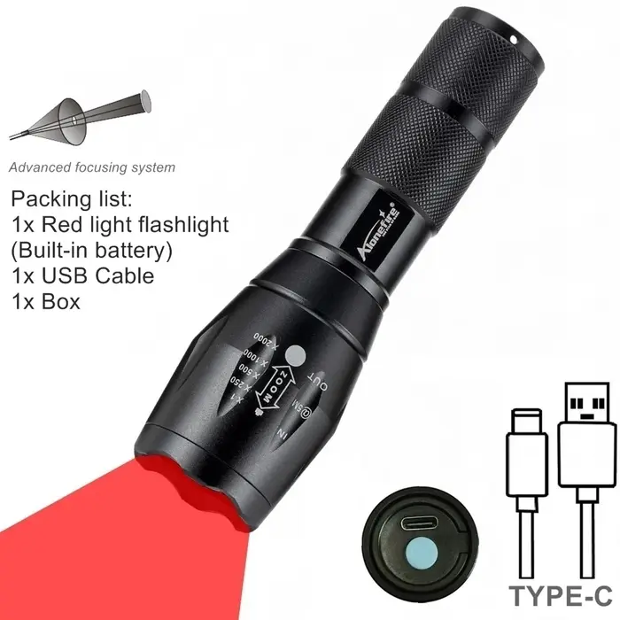 Lampe torche LED Zoom à lumière rouge/verte/bleue, rechargeable par USB, pour la chasse, l'apicultur