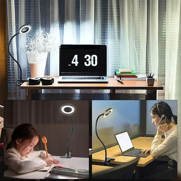 Lampe à pince, 3 couleurs + 10 niveaux de luminosité