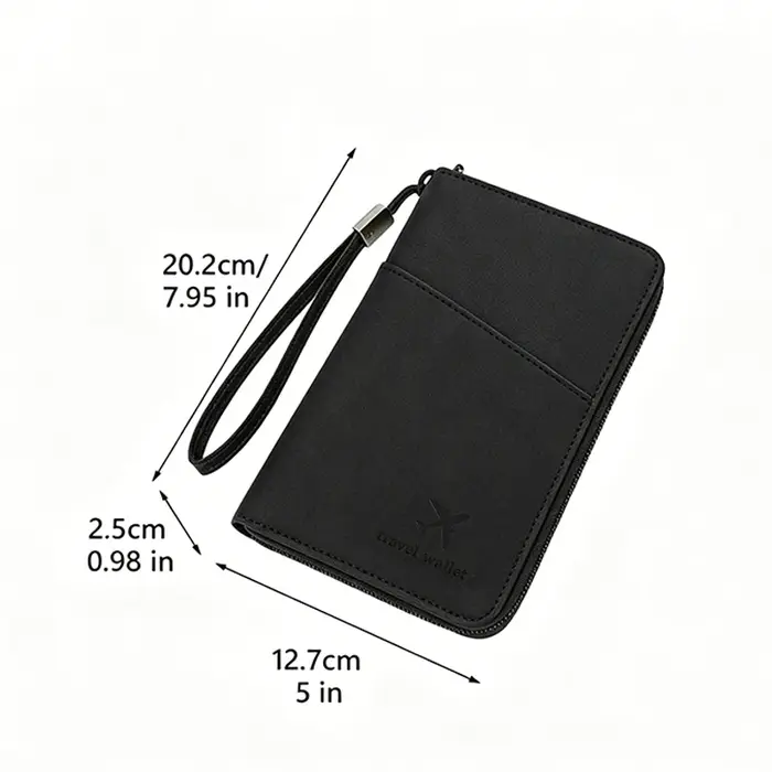 Porte-documents de voyage noir avec fermeture éclair longue, portefeuille de rangement pour billets, sac de rangement pour plusieurs passeports avec sangle de poignet TMZ, 1 pièce