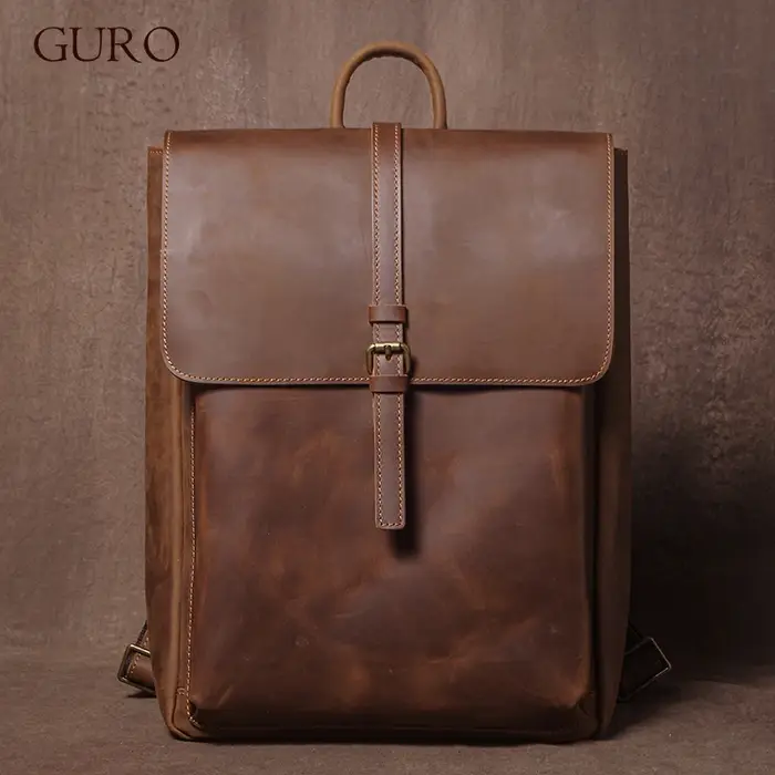 GURO – sac à dos rétro en cuir véritable pour hommes et femmes, sac de voyage à rabat Simple, en cuir de vache naturel, cartable de luxe, sacs à dos de banlieue quotidiens
