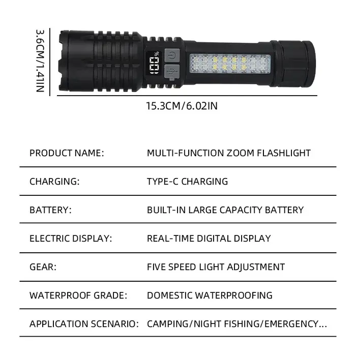Lampes de poche LED haute puissance rechargeables portables avec écran d'affichage Zoom lampe torche tactique avec lanterne de lumières latérales de secours