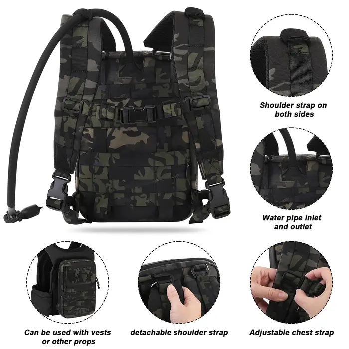 Sac à dos d'hydratation tactique KRYDEX 1,5 L, poche à eau de 50 oz, sac de transport, accessoires de randonnée et de voyage en plein air