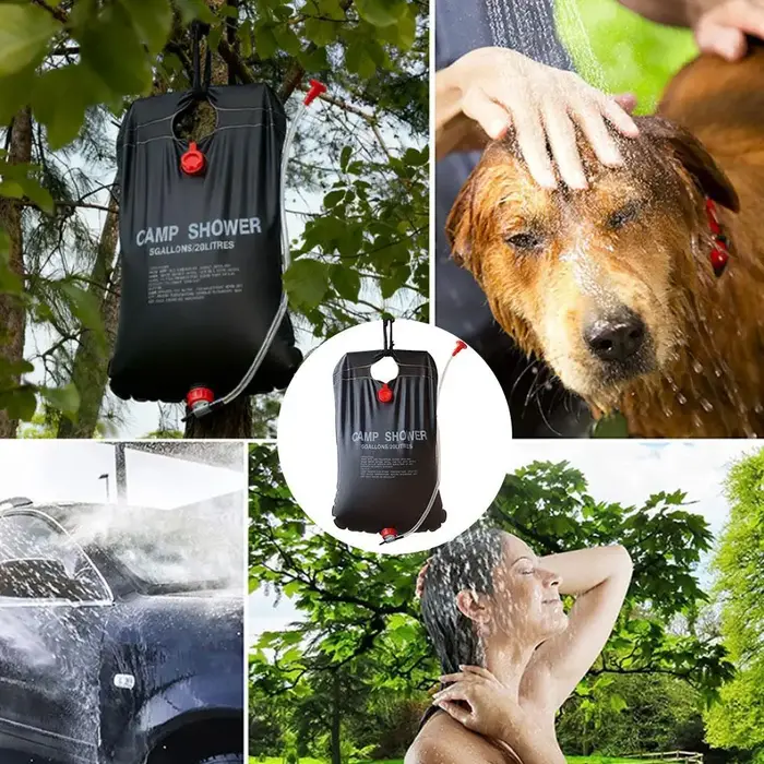 Sac de douche solaire 20L, portable et pliable, avec tuyau et pulvérisateur pour le camping, le bain des animaux, les voyages et les activités de plein air