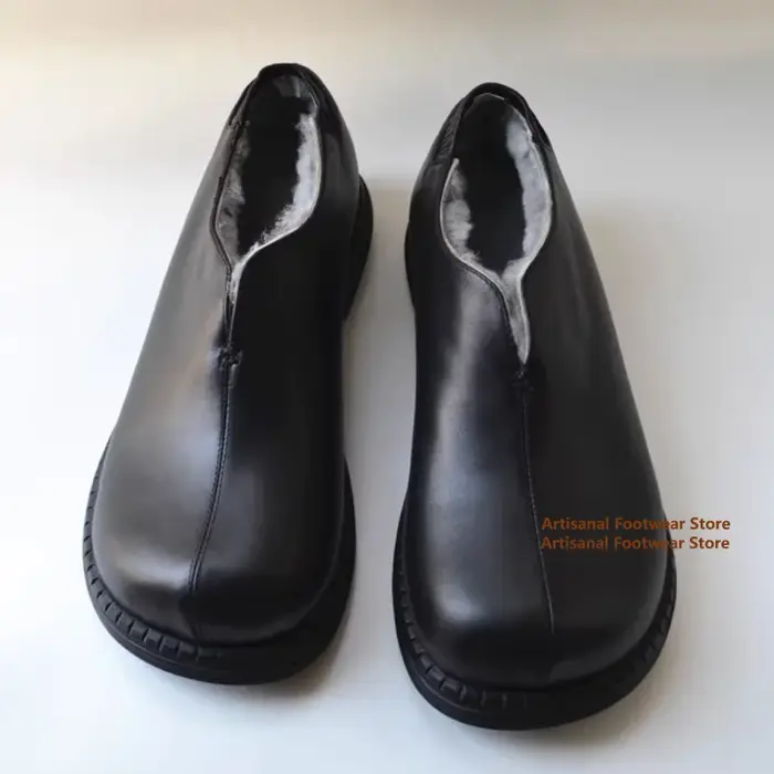 Bottes de neige antidérapantes à semelle épaisse pour hommes, chaussures basses en coton avec laine véritable, mocassins en cuir marron/noir, chaussures tendance pour hommes