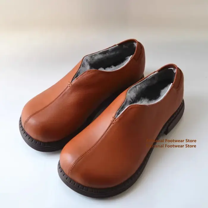Bottes de neige antidérapantes à semelle épaisse pour hommes, chaussures basses en coton avec laine véritable, mocassins en cuir marron/noir, chaussures tendance pour hommes