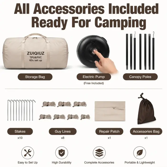 Tente gonflable portable pour le camping en plein air, tente à air imperméable et résistante au vent, tente familiale à installation rapide avec pompe à air