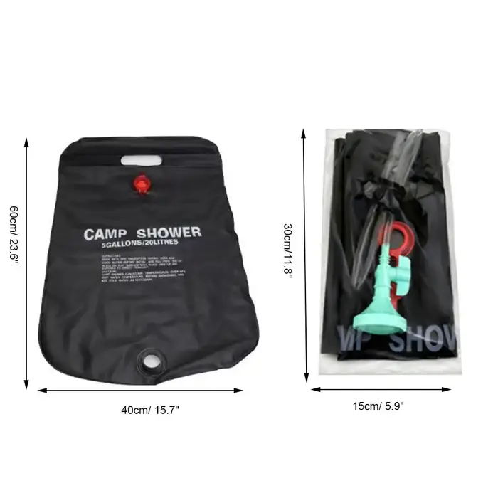 Sac de douche solaire 20L, portable et pliable, avec tuyau et pulvérisateur pour le camping, le bain des animaux, les voyages et les activités de plein air