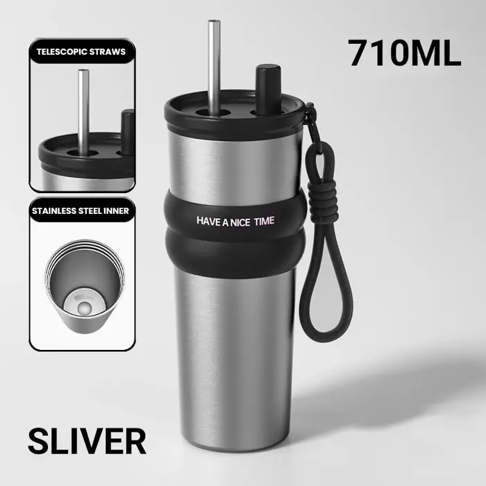 Bouteille isolée sous vide en acier inoxydable avec paille, Thermos anti-fuite pour chaud et froid, 