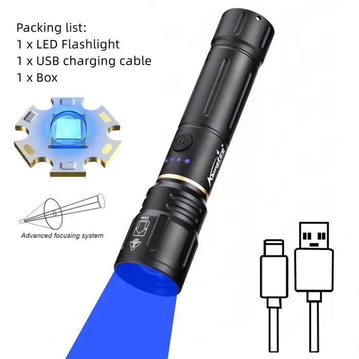 Lampe torche LED Alonefire Zoom haute puissance à lumière bleue, rechargeable par USB, en aluminium, pour le camping, la randonnée, la chasse, la pêche