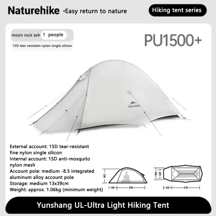 Tente de camping Naturehike Cloud Up UL ultralégère 15D, tente de plage à montage rapide, imperméabl