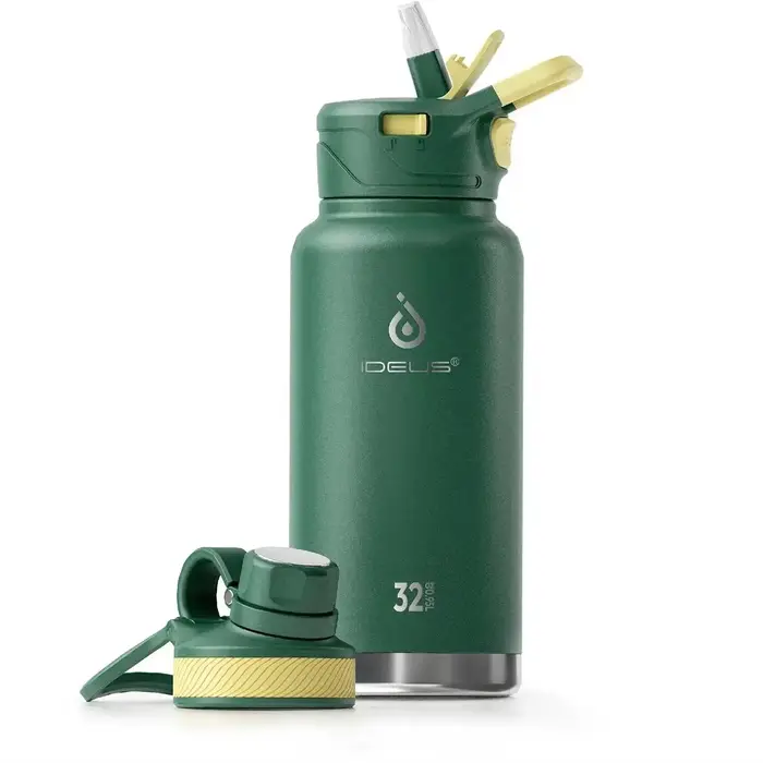 Bouteille d'eau isotherme en acier inoxydable Ideus 40 oz, avec 2 bouchons anti-fuite, bouteille d'eau isotherme pour la randonnée et le cyclisme
