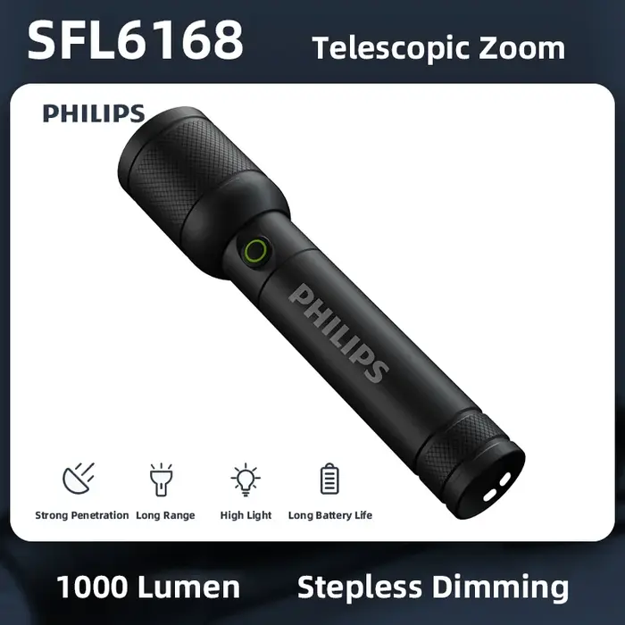 Philips SFL6168 Zoom lampe de poche avec chargement USB 18650 batterie lampes