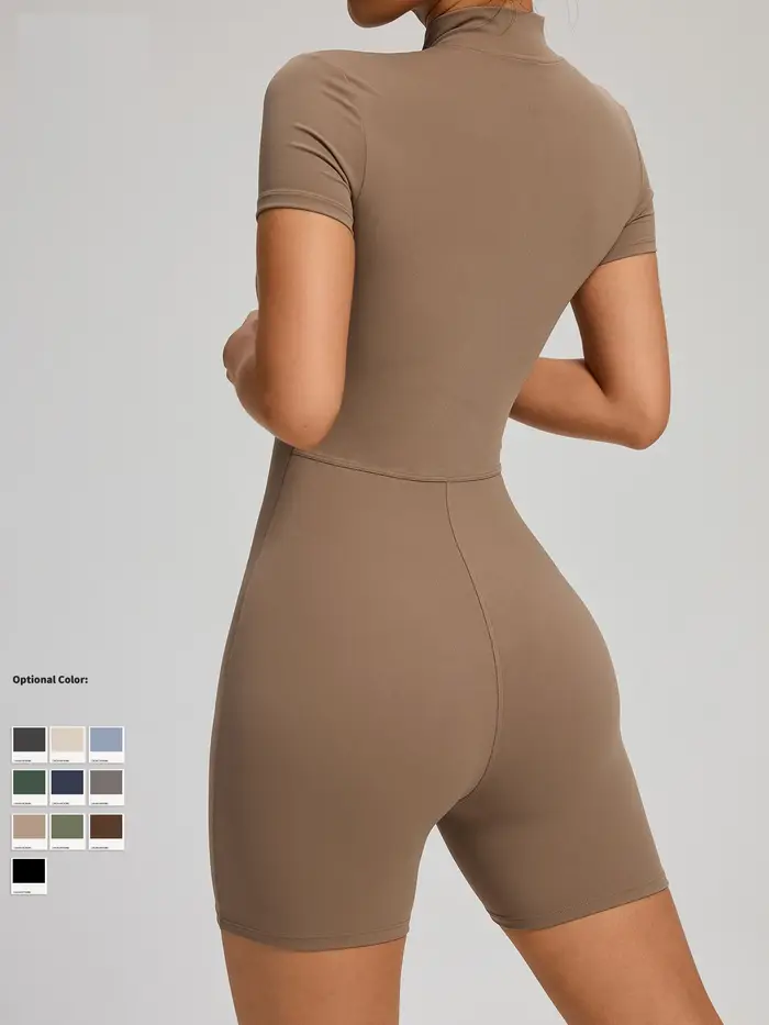 Chemise à manches courtes avec demi-fermeture éclair, couleur unie, ensemble de jambes courtes, comb