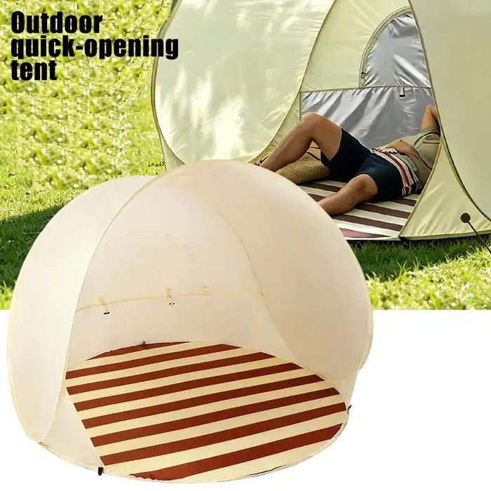 Tente de plage instantanée, abri solaire anti-UV, cabane de camping portable pour pique-nique en plein air avec fenêtres et piquets