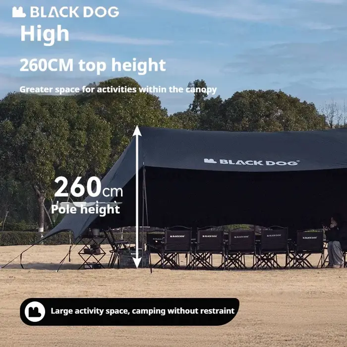Tente auvent BLACKDOG grand espace, revêtement noir, protection solaire, imperméable, abri solaire, équipement de camping, auvent de fête pour l'extérieur