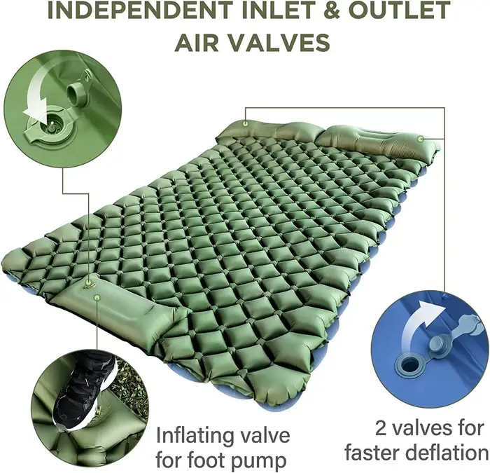 Matelas gonflable de camping pour 2 personnes avec pompe intégrée à commande au pied et oreiller