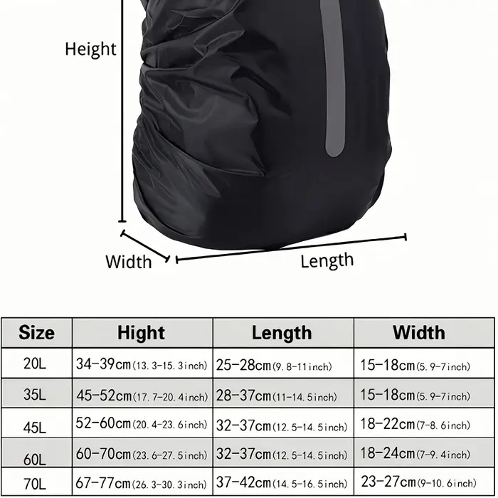 Housse de pluie pliable noire 20-70L pour sac à dos avec bandes réfléchissantes – Idéale pour la randonnée