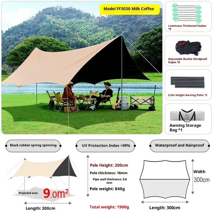Bâche de camping imperméable robuste, résistante aux UV, enduite de noir, extra épaisse, auvent exté