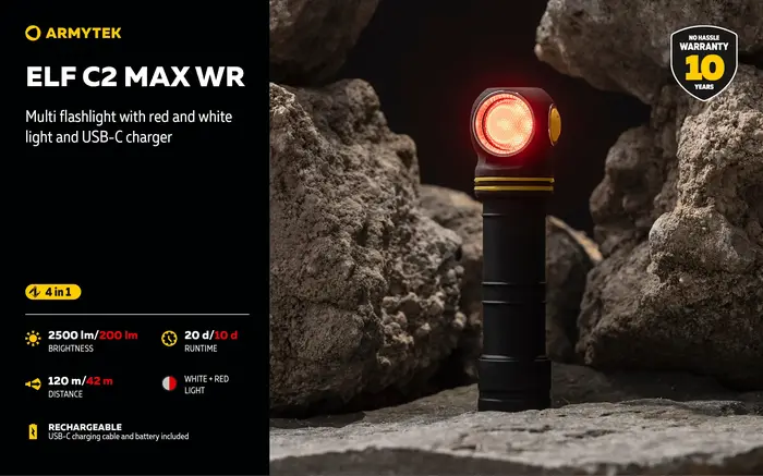 Lampe torche multi-usages Armytek Elf C2 Max WR 4 en 1, 2500 lumens, lampe frontale à lumière chaude/blanche, lampe torche LED EDC avec batterie, lampe de poche
