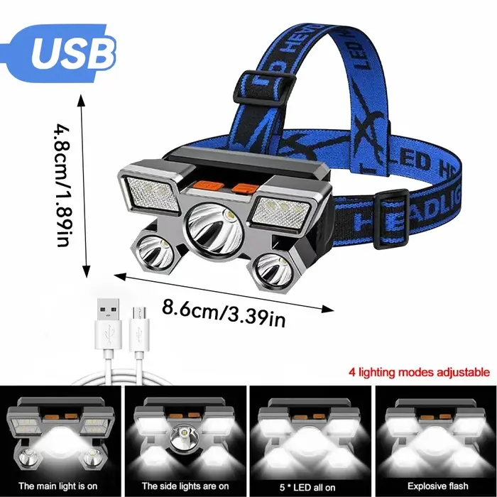 1 lampe frontale Rechargeable, torche de phare Portable 5LED, lampe de travail Portable, lampe frontale de Camping de pêche pour voyage, Camping