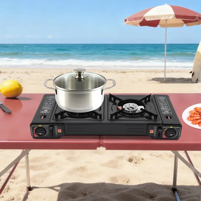 Réchaud de camping portable à 2 brûleurs, réchaud à gaz butane/GPL à allumage automatique de 2,5 kW